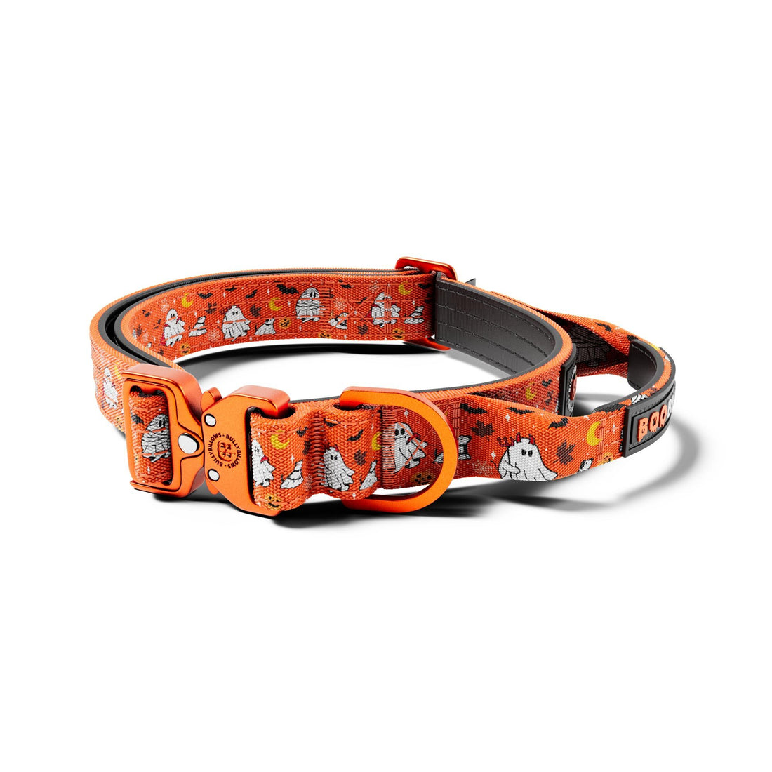 Halloween-themed dog collar with orange and black design on a white background