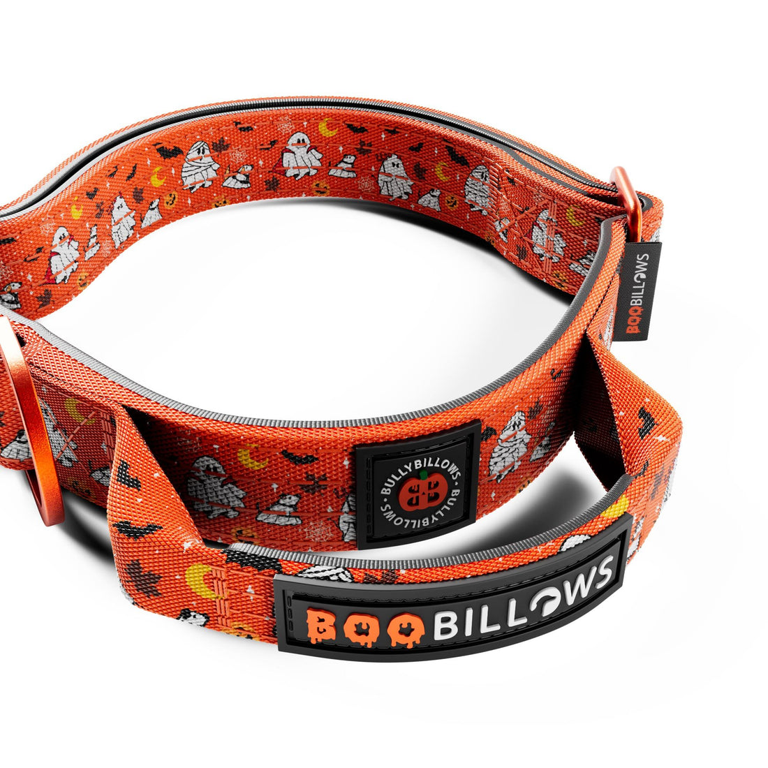 Orange dog collar with Halloween-themed design and 'Boo Billows' branding on a white background