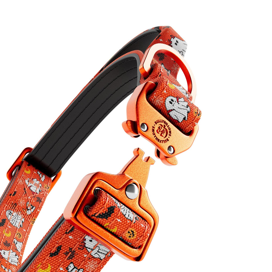 Orange dog collar with Halloween-themed design on a white background