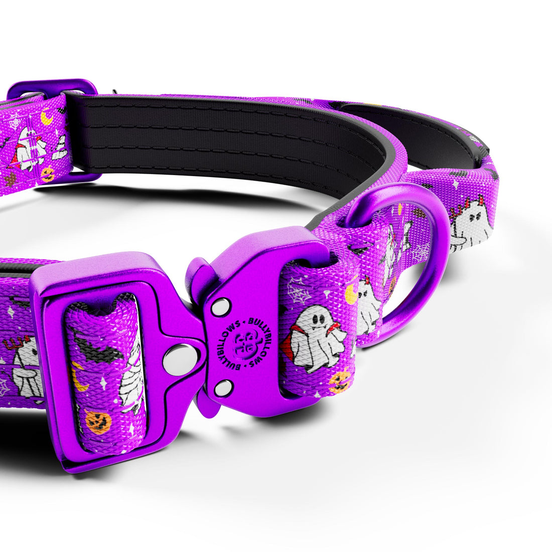 A close-up of a purple dog collar with a Halloween-themed pattern of white ghosts, black bats, and orange pumpkins, featuring a matching purple quick-release buckle.