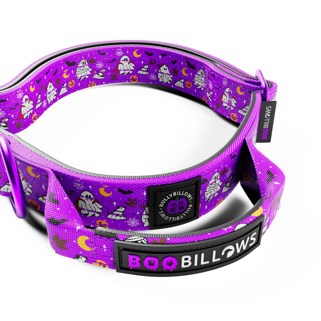 A purple dog collar with a Halloween-themed print of ghosts, mummies, bats, and moons, featuring a black brand patch on the front and a metal carabiner on the side.