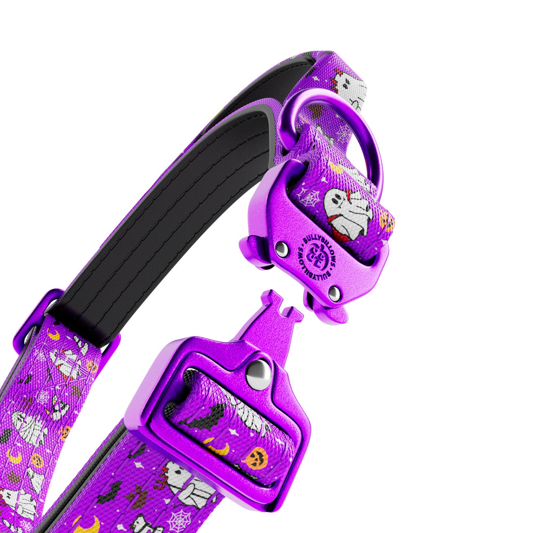 A close-up of a purple pet collar with a Halloween-themed pattern featuring ghosts, bats, pumpkins, and moons, shown with its metal hardware on a white background.