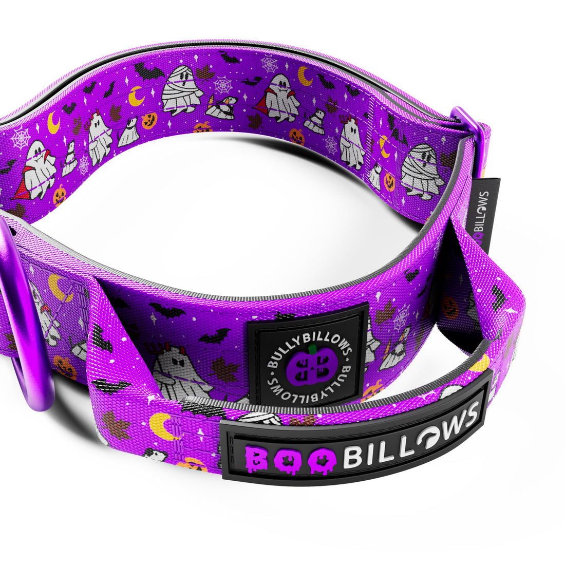 A purple Halloween-themed dog collar with a pattern of ghosts, mummies, bats, and moons, featuring a black buckle and a black brand patch that reads 'BOO BILLOWS'.