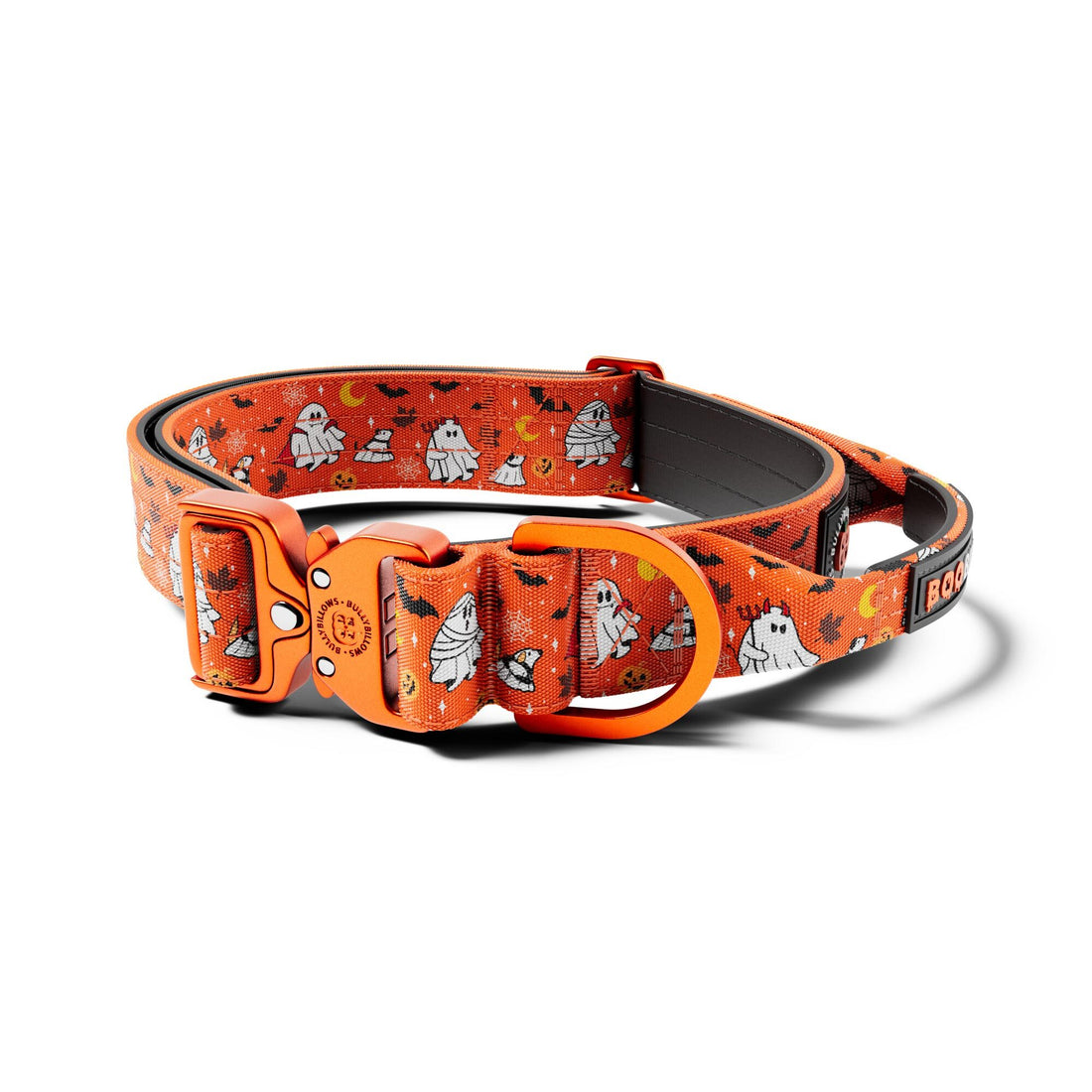Halloween-themed dog collar with ghost and pumpkin design on an orange background