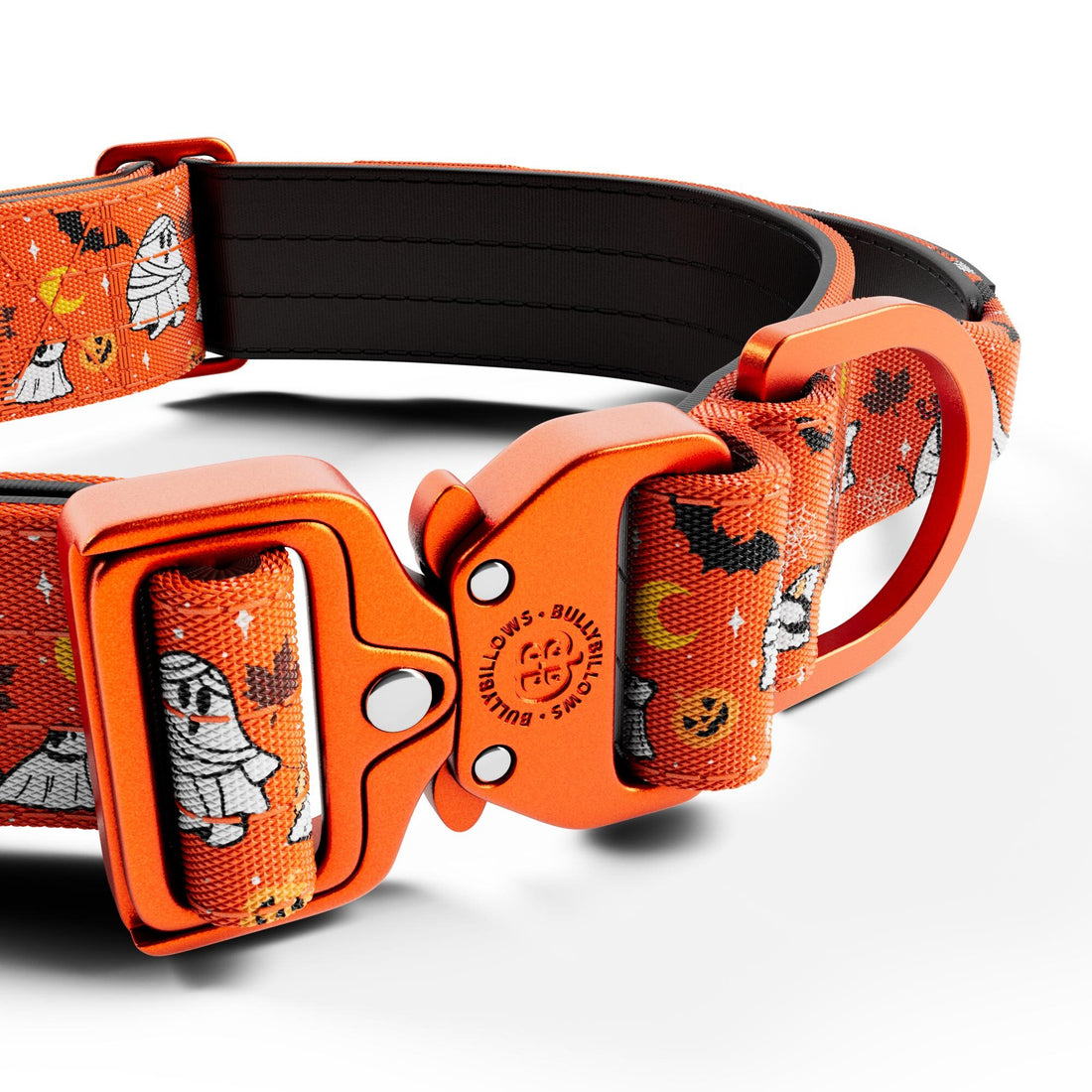 Halloween-themed dog collar with orange buckle on a white background