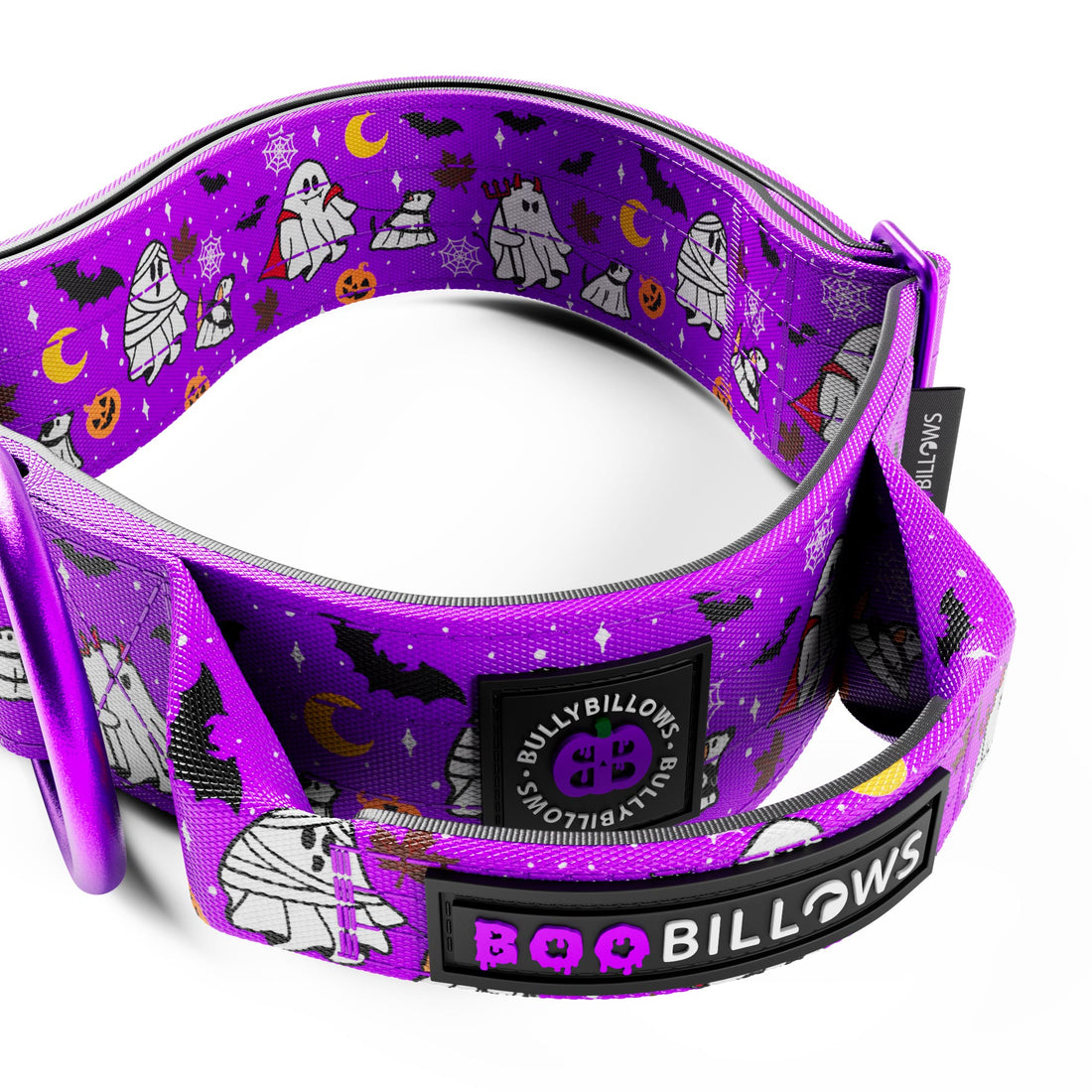 A purple pet collar with a Halloween-themed print featuring ghosts, mummies, bats, and pumpkins, shown on a white background.