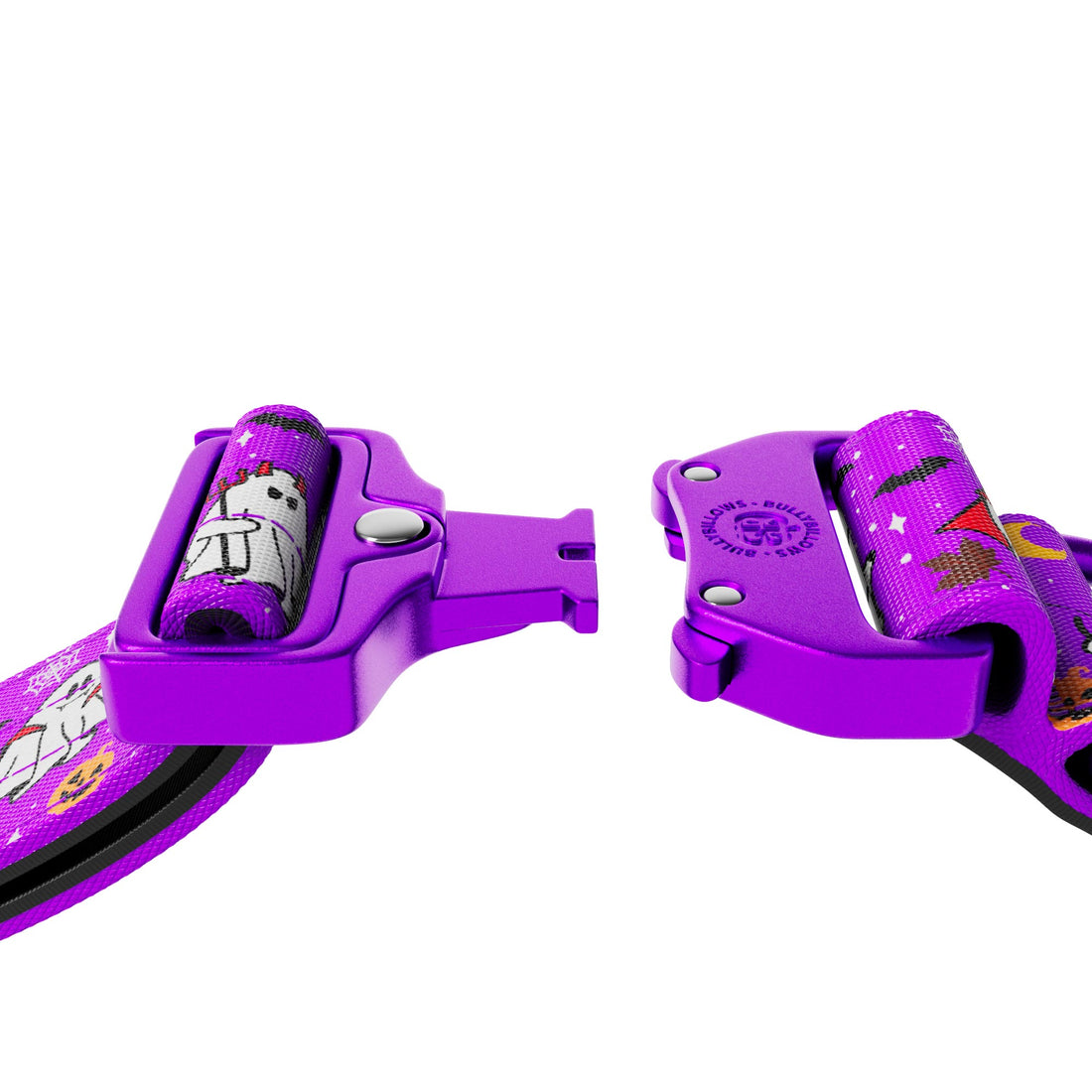Purple pet collar with cartoon ghost and pumpkin prints, showing the buckle closure mechanism on a white background.