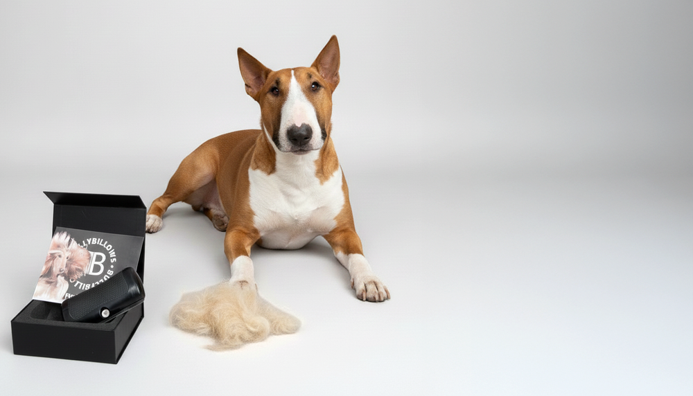 Dog laying next to a pile of its fur