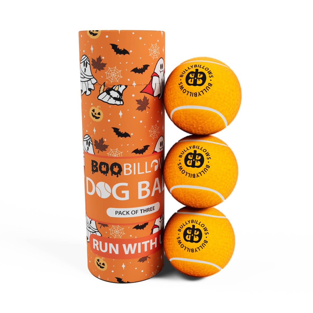 Three orange tennis balls with a BullyBillows logo next to an orange tube packaging with Halloween-themed design.