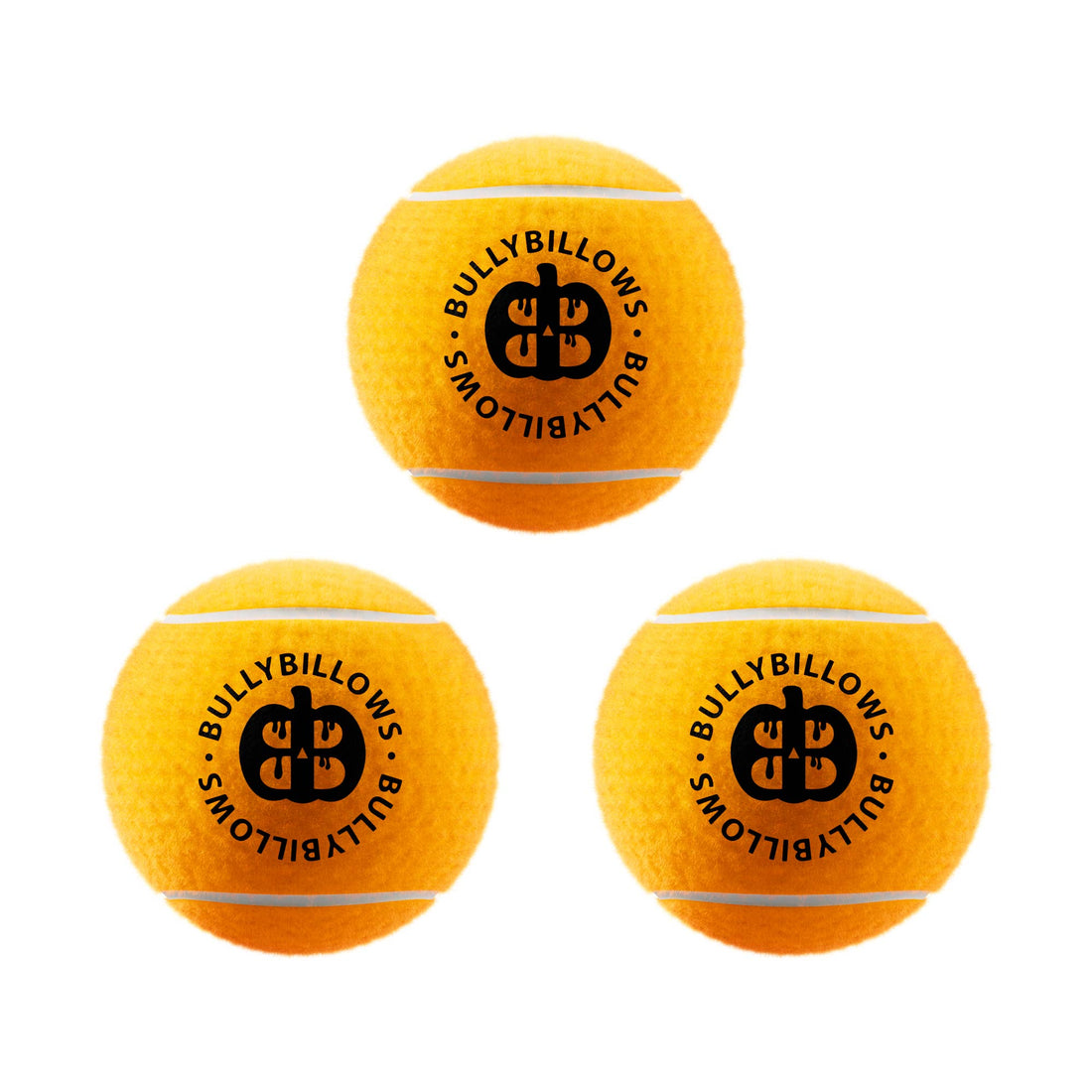 Three yellow tennis balls with a black logo and text on a white background