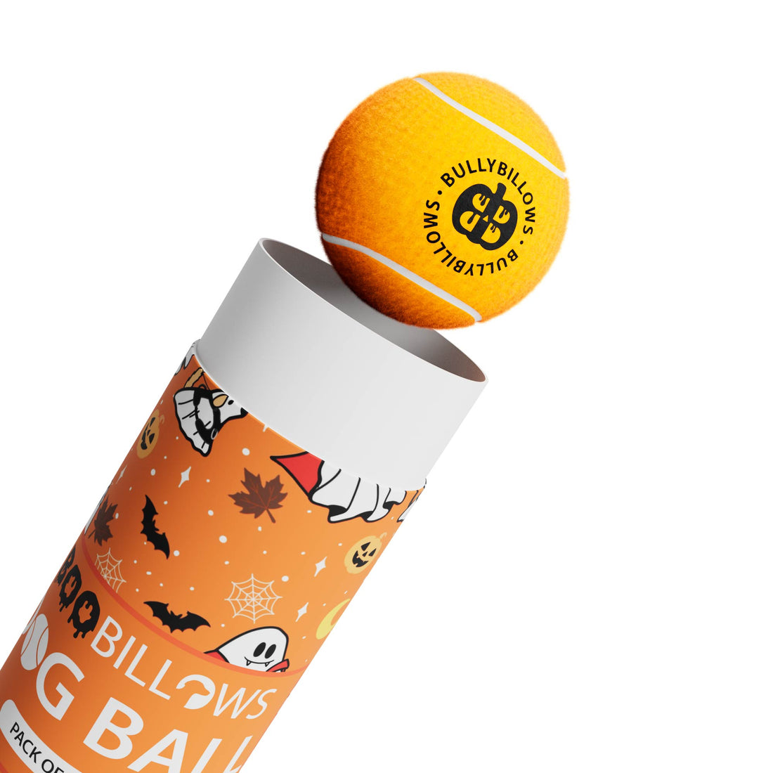 Orange tennis ball with 'BullyBillows' branding on a Halloween-themed tube.