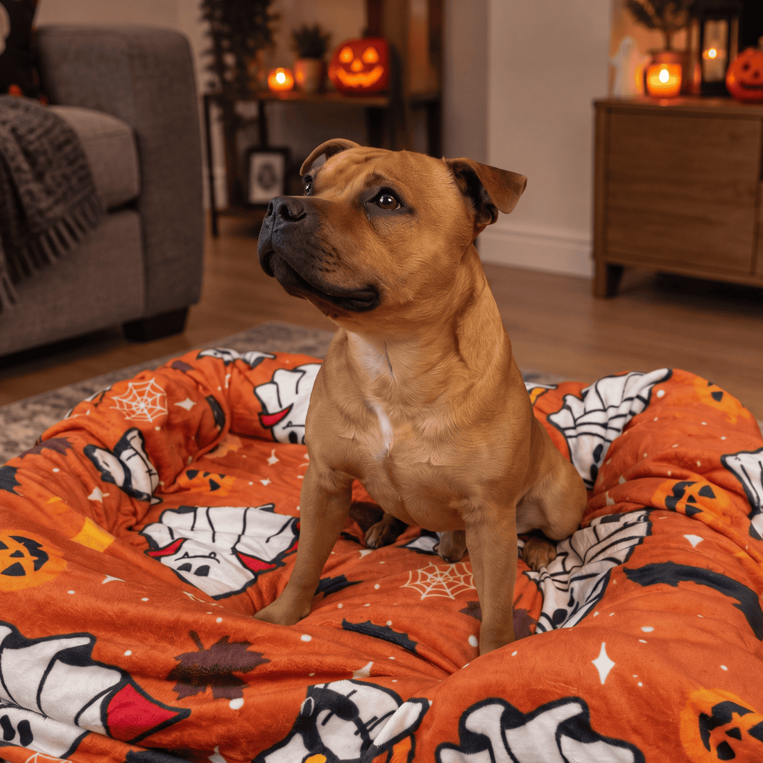 A tan dog sits on an orange Halloween-themed dog bed with a cozy blanket in a warmly lit living room.