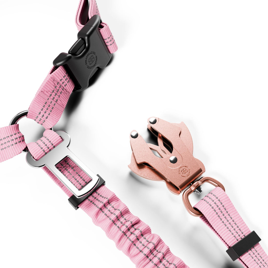 Pink dog collar with black plastic quick-release buckle and a rose gold metal release clasp, shown on a clean white background.