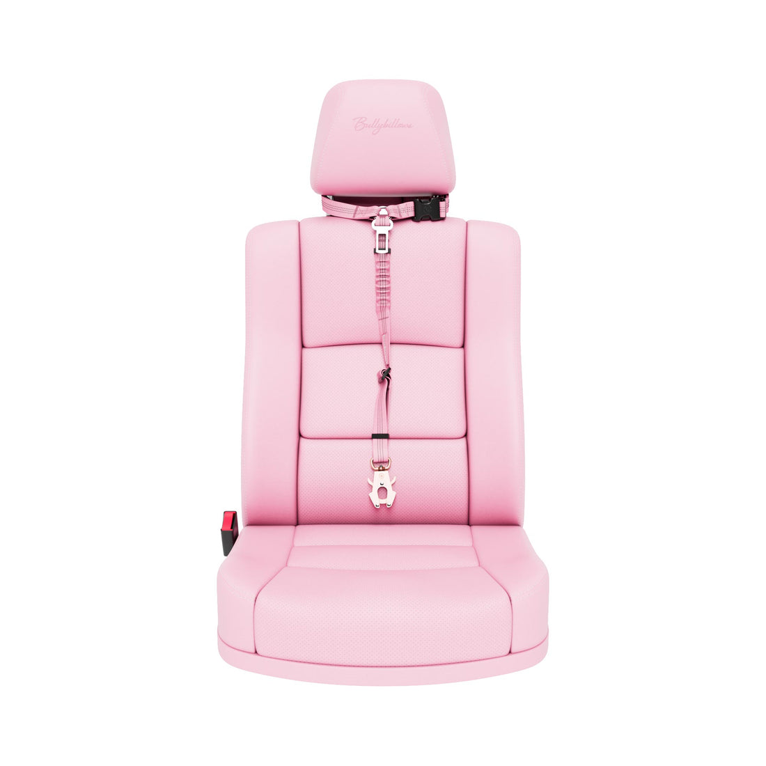 A light pink car seat with an integrated headrest and matching pink seat belt, shown from the front on a solid white background.