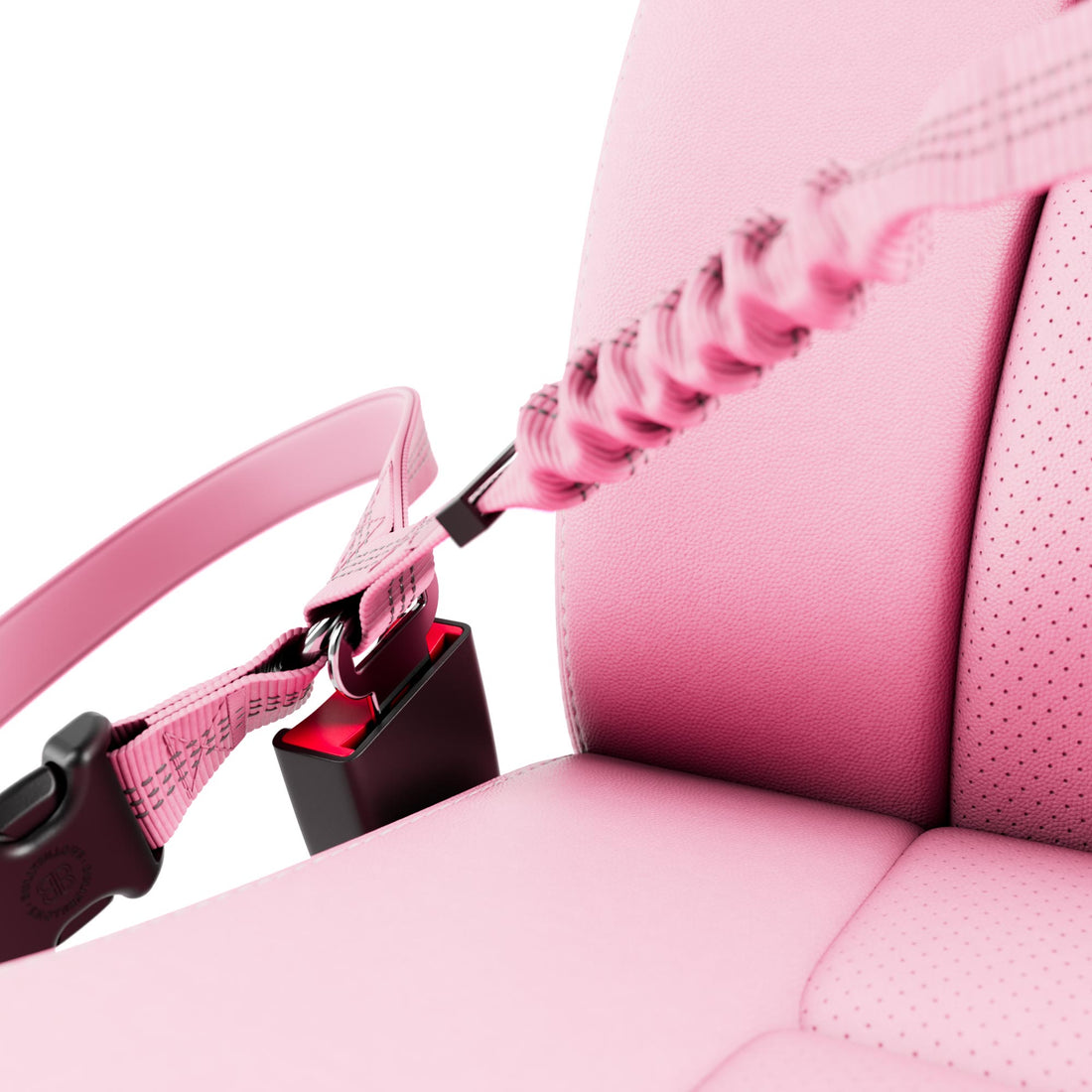 A close-up of a pink car seat with a matching pink shoulder strap and black buckle, shown against a white background.