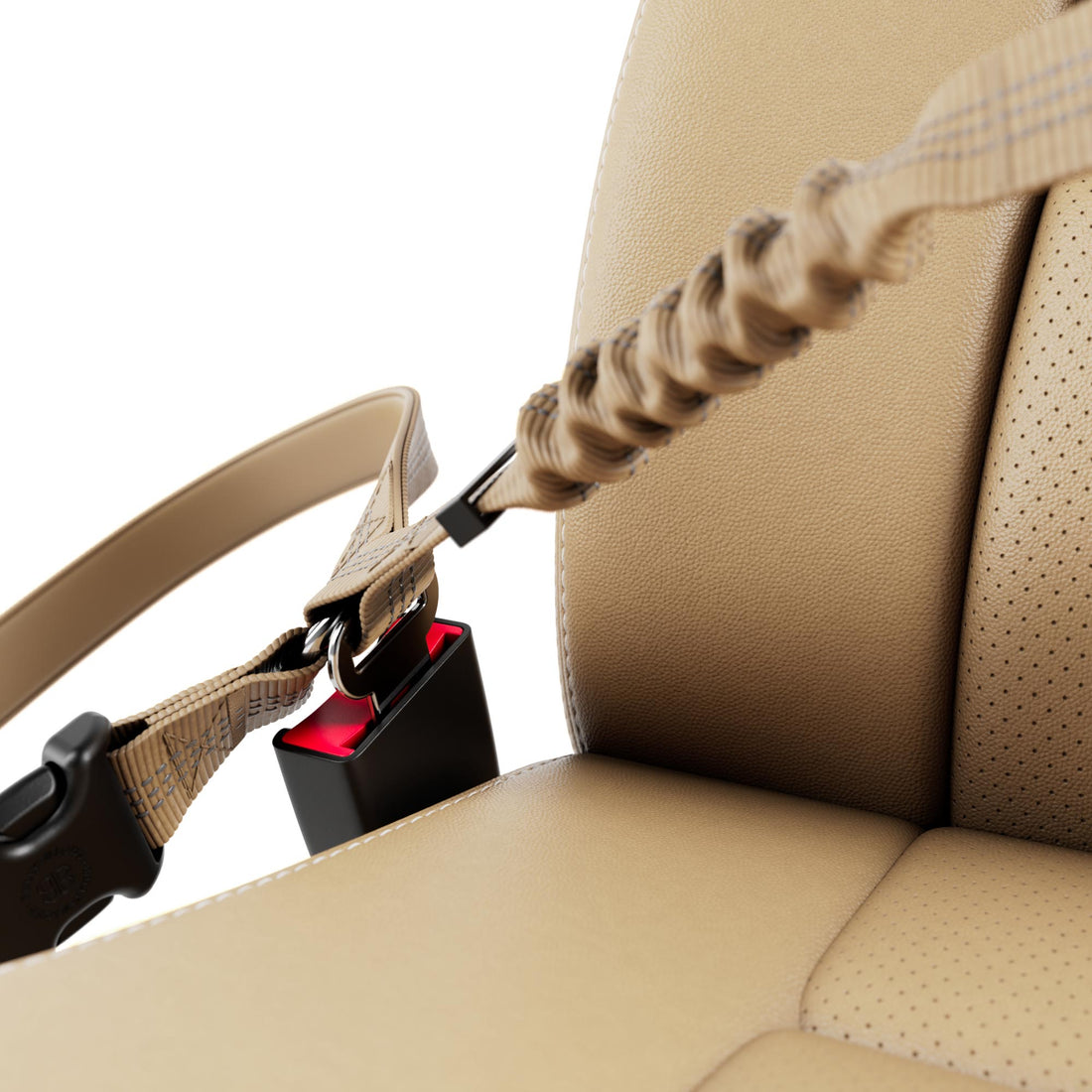 A close-up of a tan woven pet harness attached to a car seat belt buckle and clipped to a tan leather car seat against a white background.