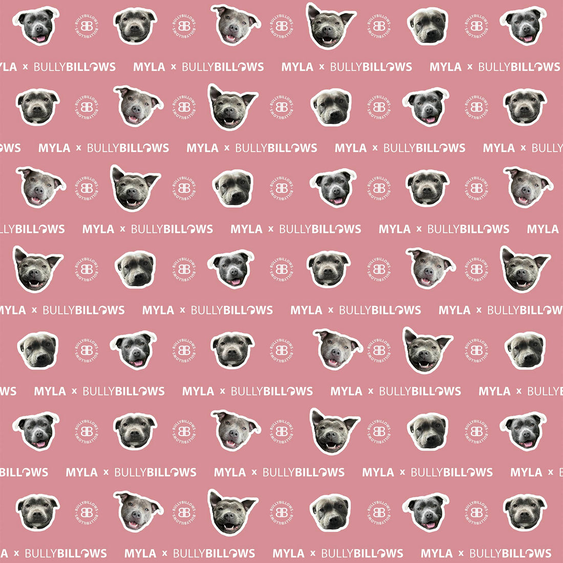Pink BullyBillows fabric pattern featuring repeating black and white cartoon dog faces with the name “MYLA” and BullyBillows logo printed in rows.