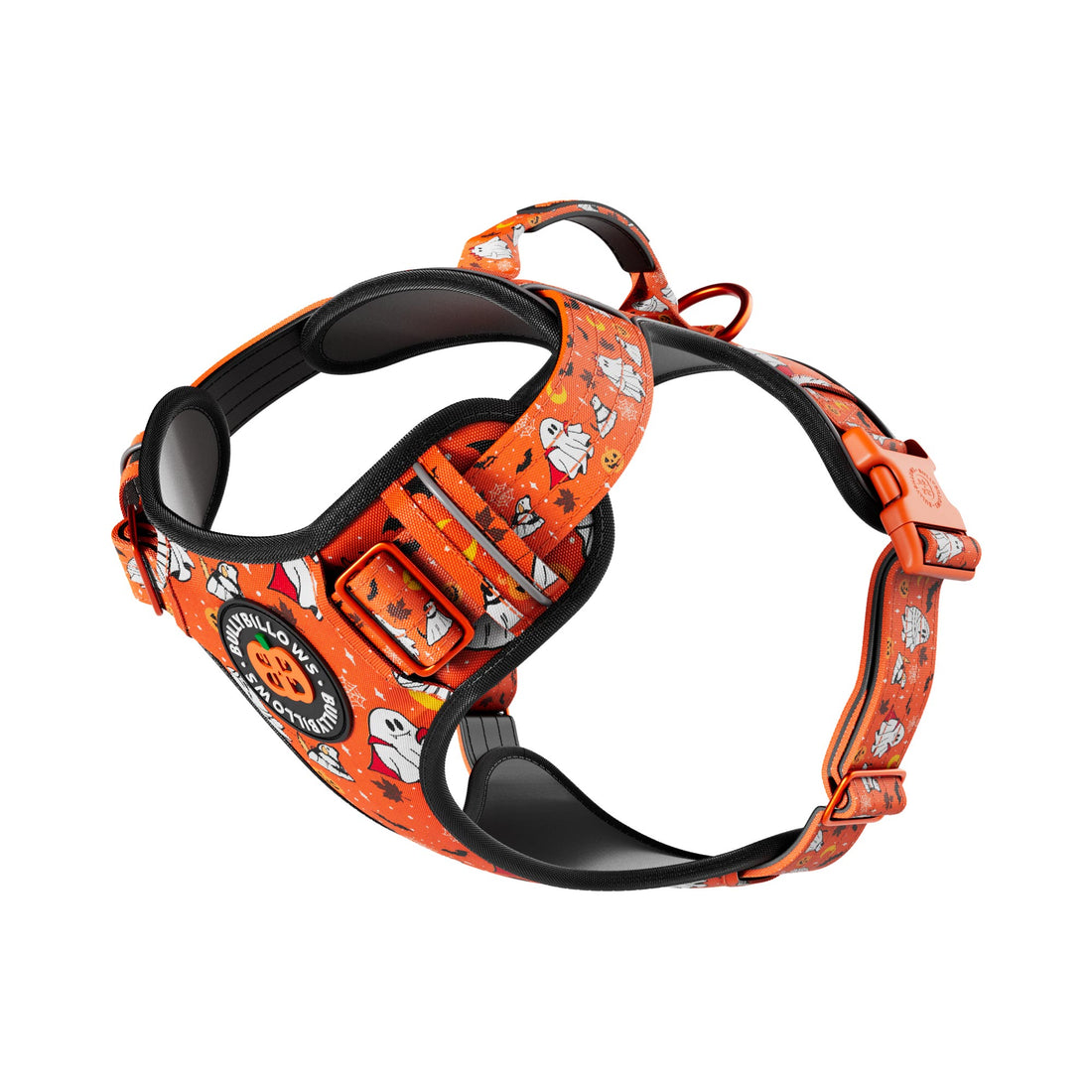 An orange dog harness with a Halloween-themed print featuring pumpkins, ghosts, and a jack-o'-lantern, shown on a clean white background.