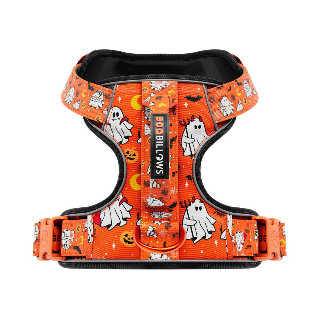 An orange Halloween-themed dog harness with a black interior and a vertical black label reading 'BOO BILLIONS'. The harness features a playful print of white ghosts, black bats, and orange jack-o'-lanterns on a white background.