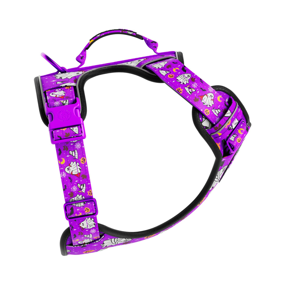 A purple pet harness with a cartoon cat pattern, featuring black padded trim and adjustable plastic buckles, shown on a plain white background.