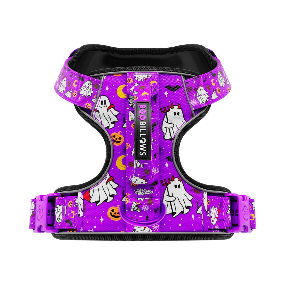 A purple Halloween-themed dog harness with a cartoon ghost and pumpkin print, shown against a solid white background.