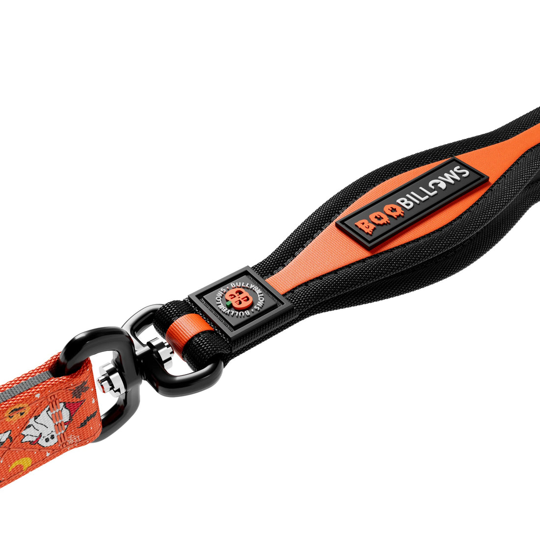 An orange and black dog leash with a cartoon ghost pattern, featuring a black metal clasp and a black rubber brand patch that reads 'BOO BILLOWS'.
