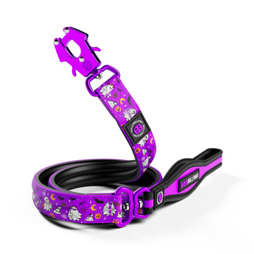 A purple and black dog leash with a Halloween-themed pattern of ghosts, bats, and moons, shown coiled on a white background.