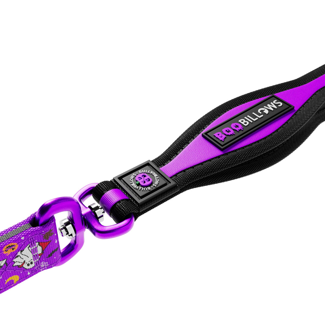 A close-up of a pet leash featuring a vibrant purple and black design. The handle is black with a purple center stripe and a black brand patch reading 'BAG BILLOWS'.