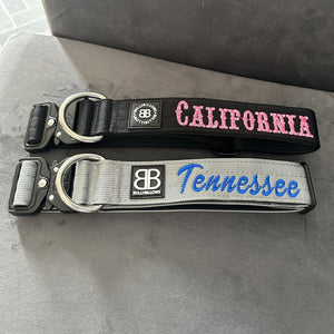 Black collar with nebula pink text in Saloon font & metal grey collar with blue text in Dolliescript font